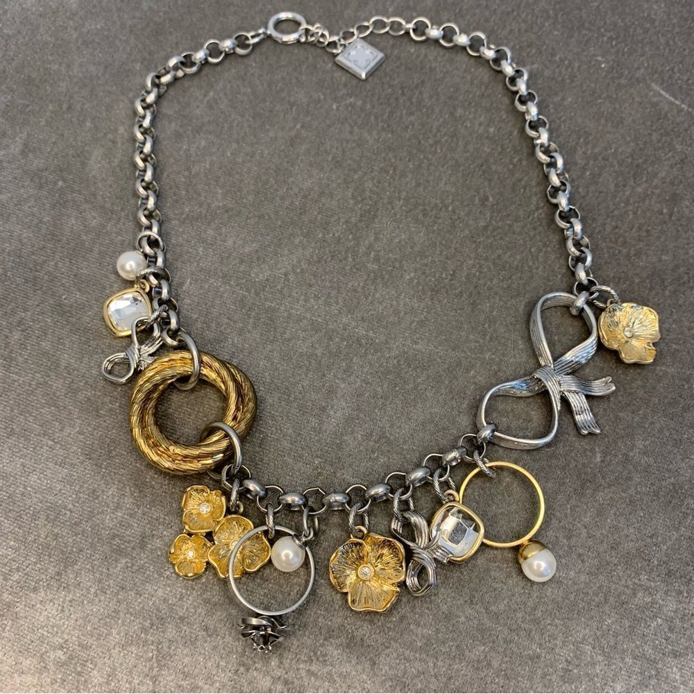 GOLD and silver tone charm necklace bow ring flower pearl